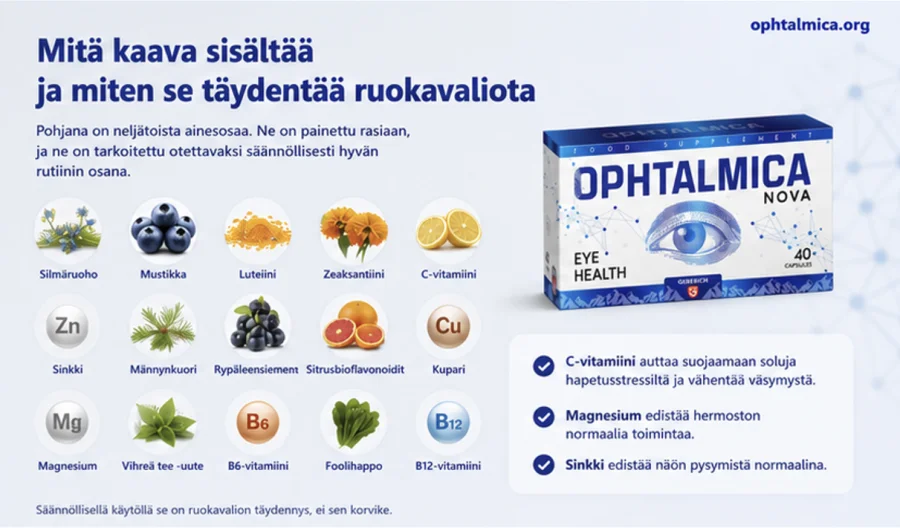 Ophtalmica — kapselit, joissa silmäruohoa, mustikkaa, luteiinia, sinkkiä ja C-vitamiinia